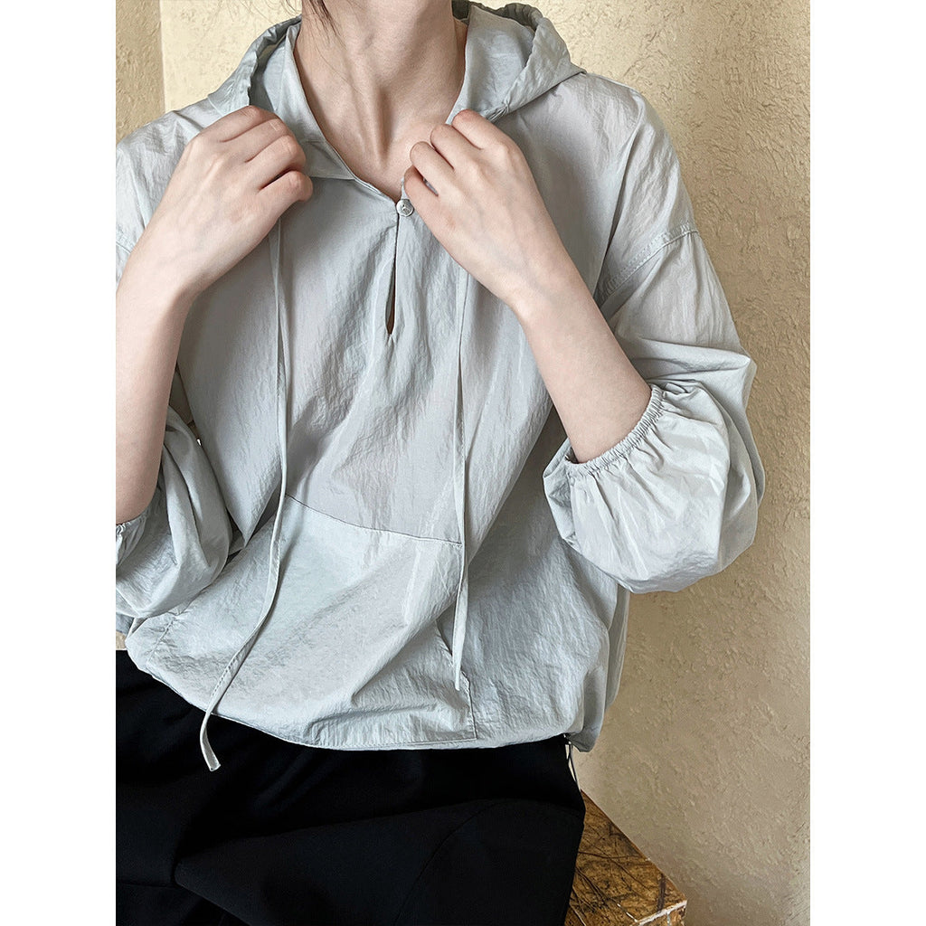 Simple hooded UPF50 + sunscreen clothing casual loose lazy long-sleeved thin pullover top women