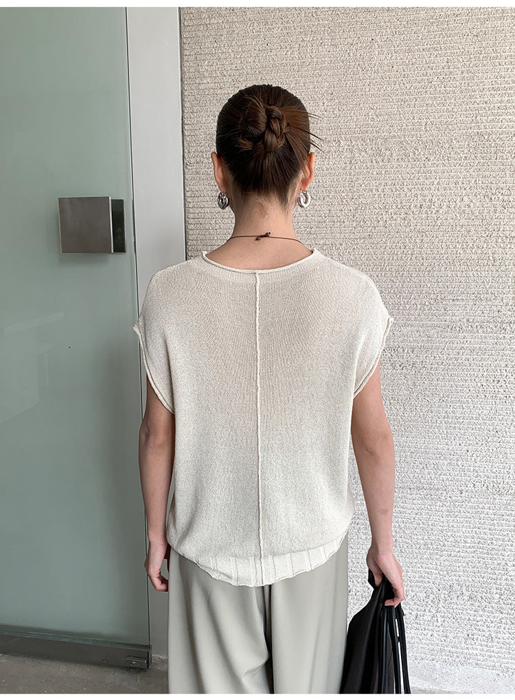 Spring small flying sleeves texture imported and gauze crew neck knit top