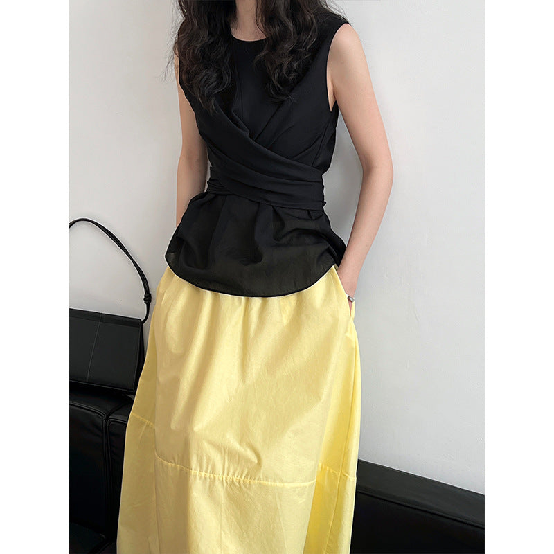 French high-end kinked strap waist short-sleeved top summer new versatile and thin shirt