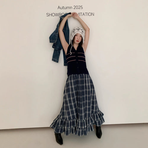Academy style retro literary versatile lotus leaf edge plaid skirt women