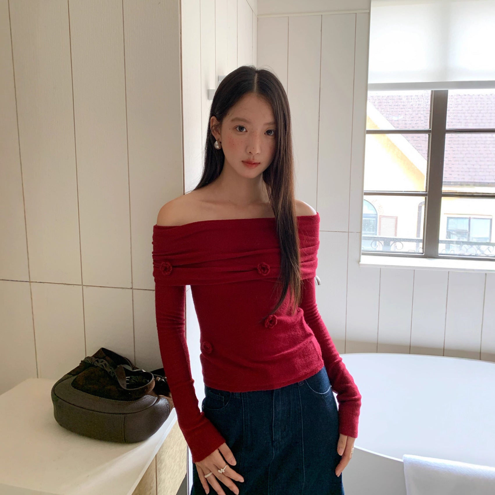 Skin-friendly one-word shoulder backless long-sleeved knitted sweater