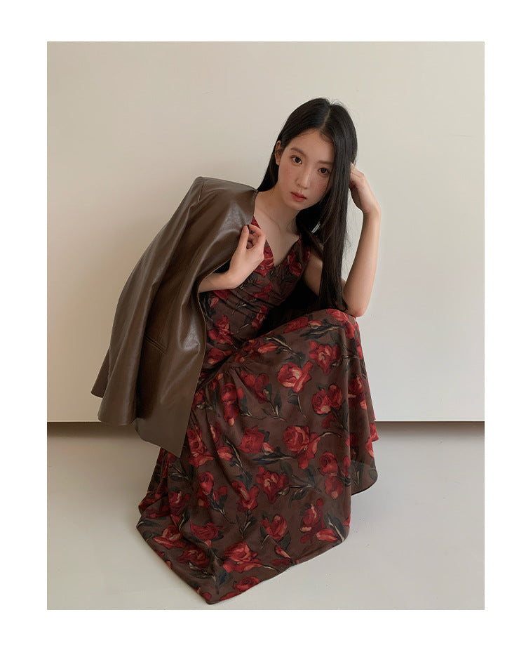Rose print v-neck sleeveless tank top dress