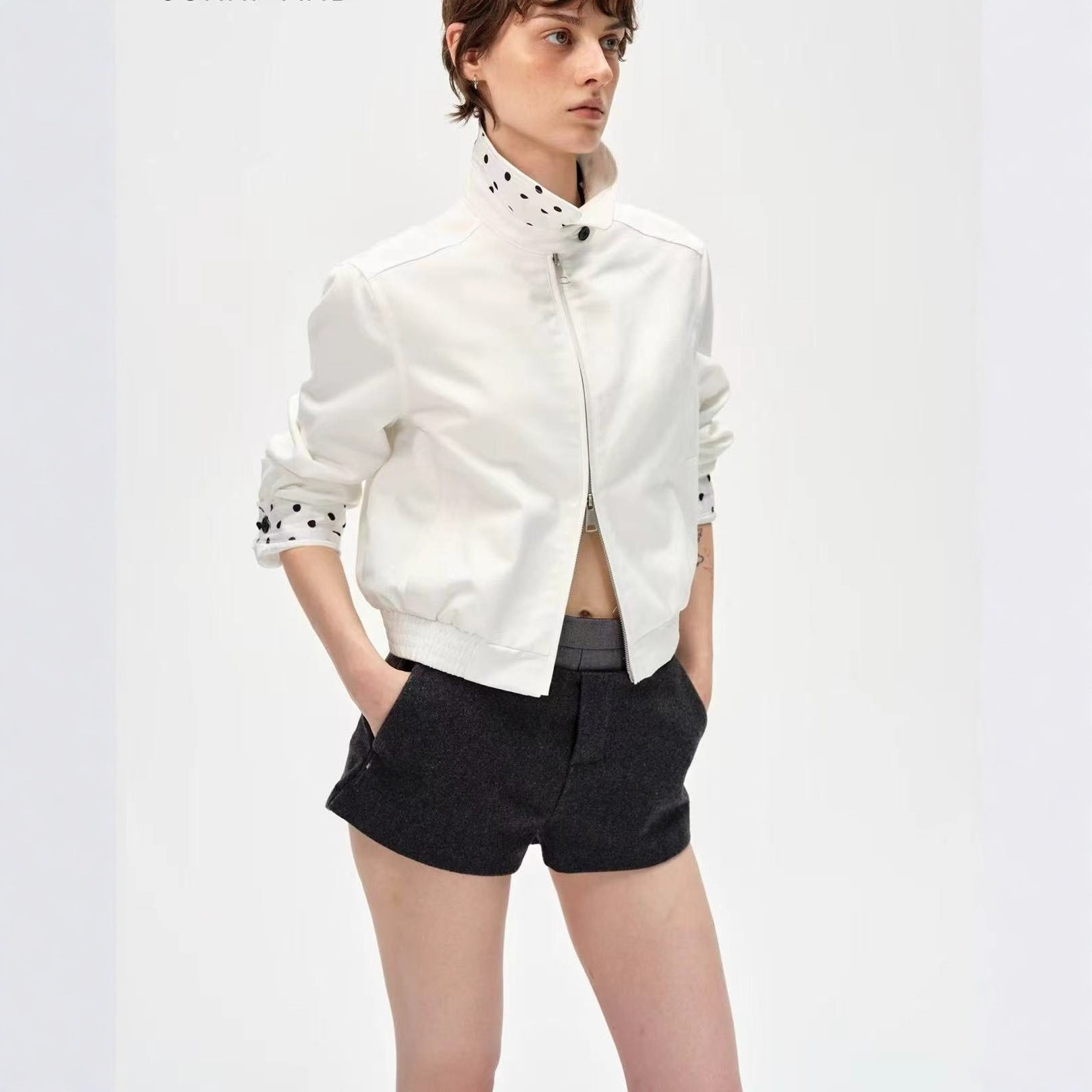 Autumn and winter new Lyocell retro collar contrasting color splicing polka dots crisp slim temperament jacket shirt women