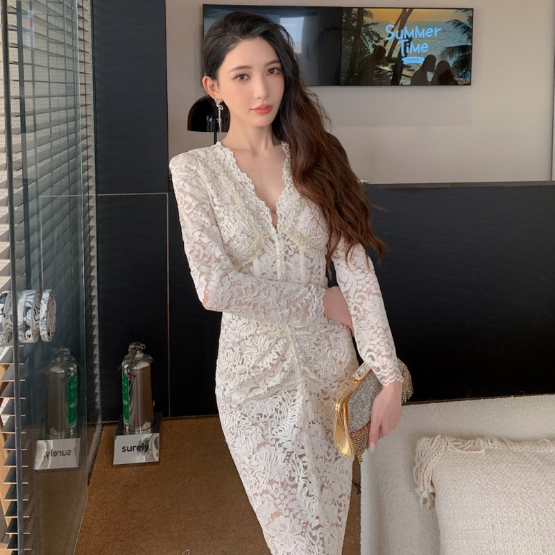 Lace Evening Dress Women V-Neck Long Sleeve High Waist French Style