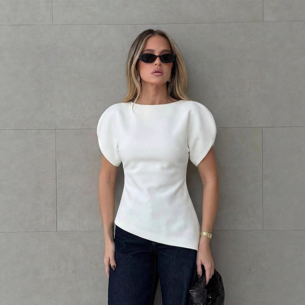 Puff Sleeve Top Women Round Neck Asymmetrical Slim Fit T-Shirt