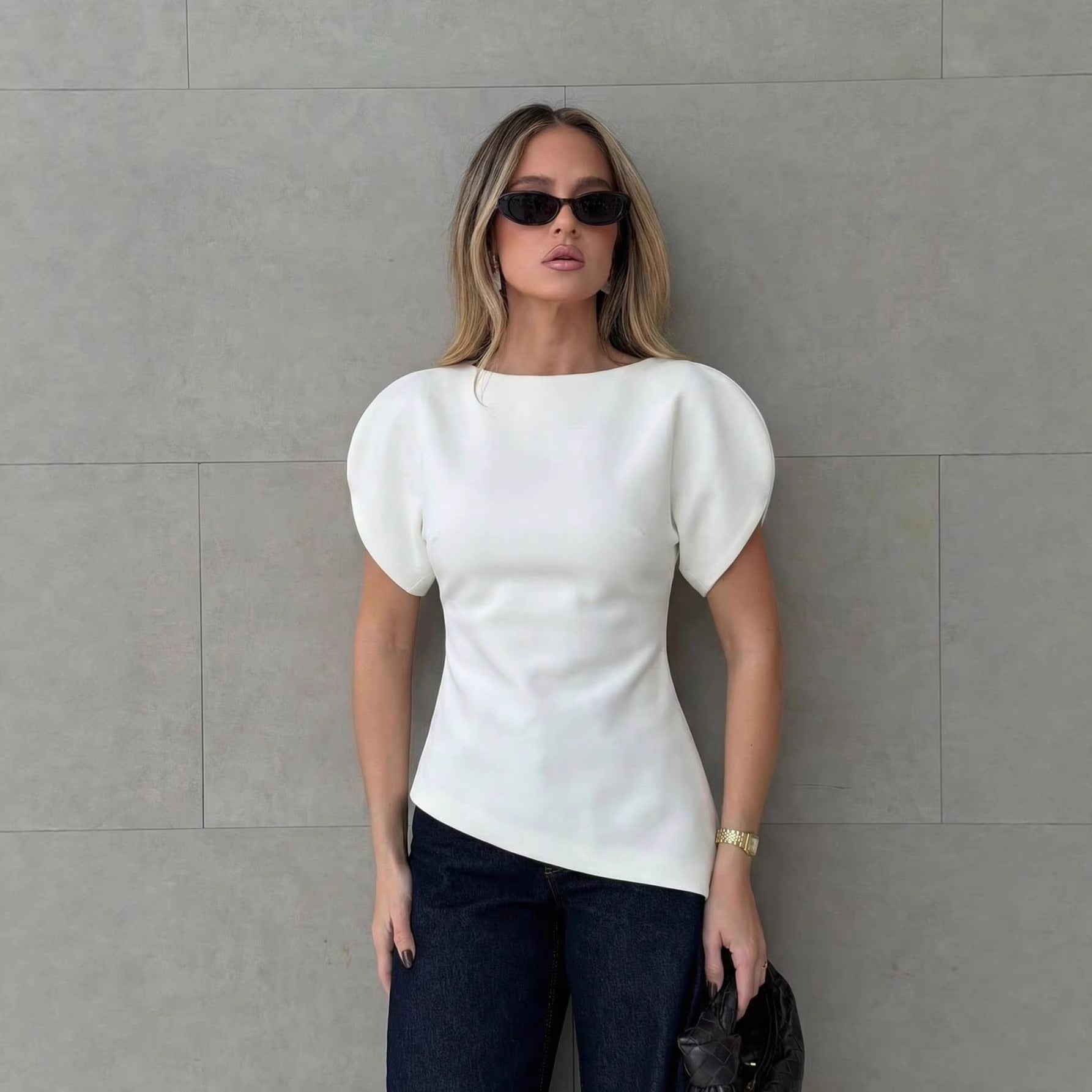 Puff Sleeve Top Women Round Neck Asymmetrical Slim Fit T-Shirt