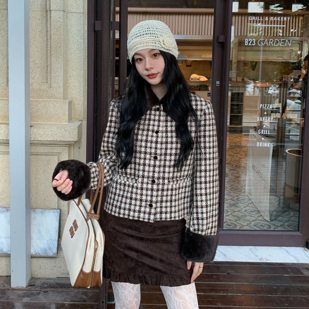 Retro exquisite fluffy lapel tweed short coat
