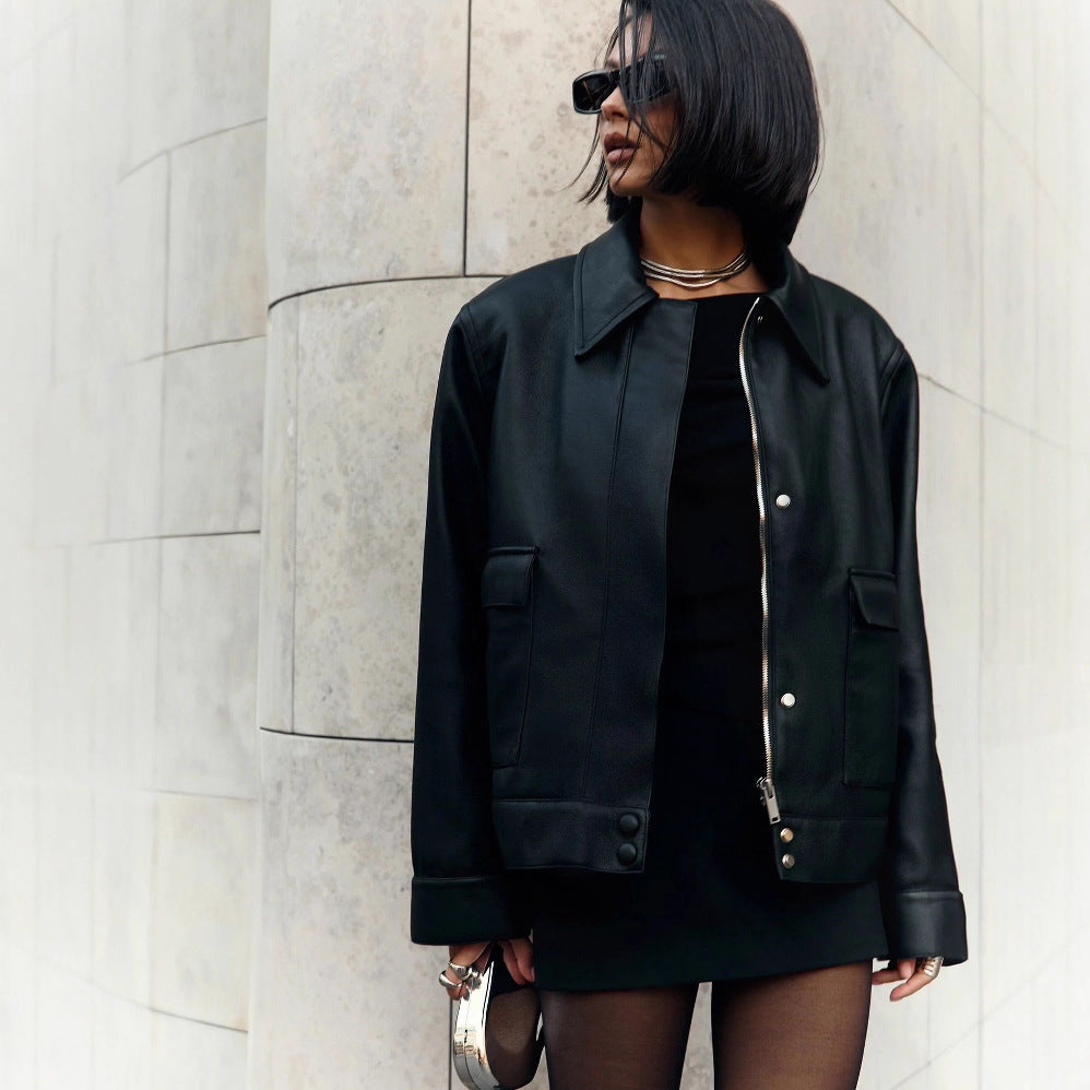 Fashion lapel PU leather jacket American retro motorcycle jacket top jacket
