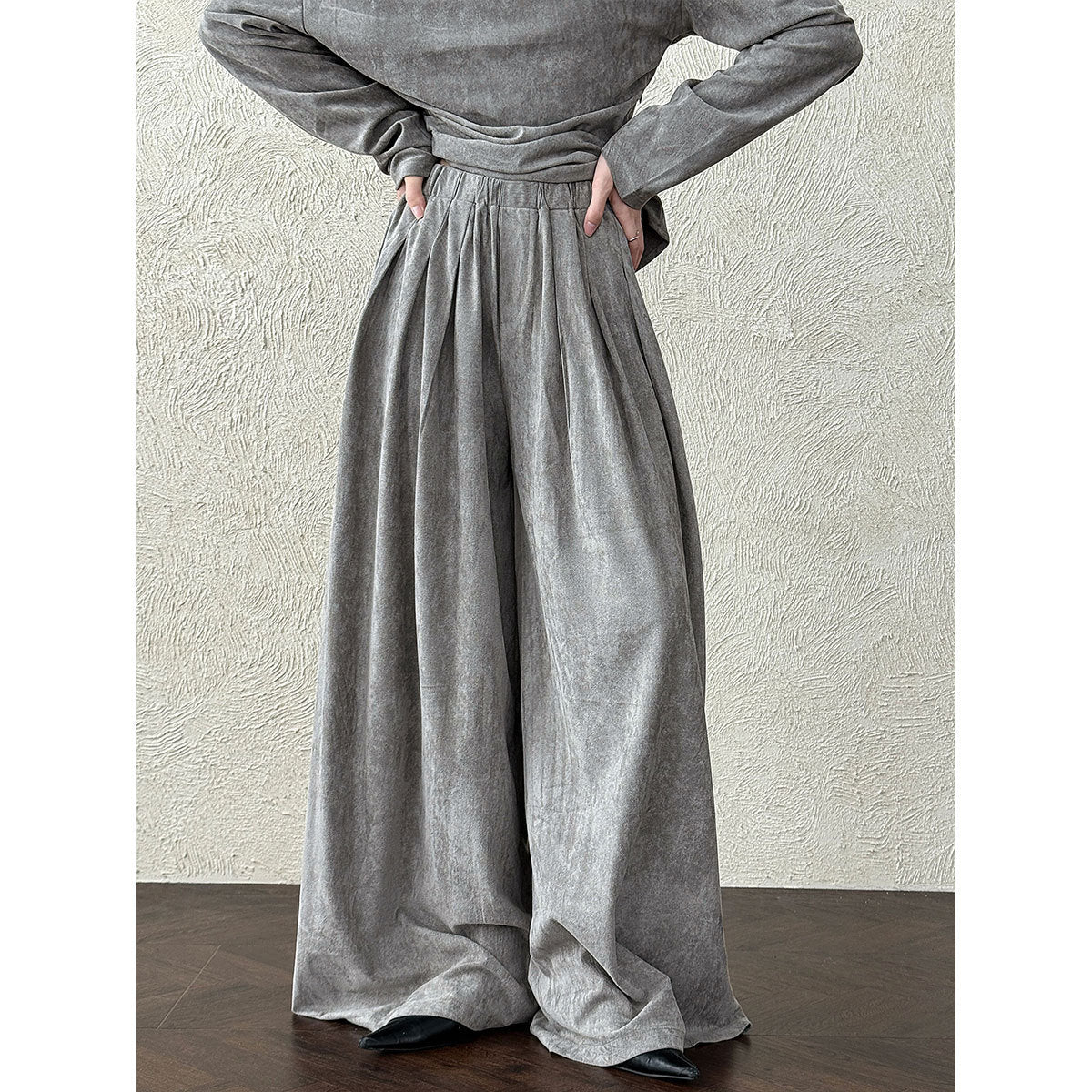 Irregular swing collar dew slanted shoulder top + wide-leg pants two-piece set autumn suede spice girl foreign style set