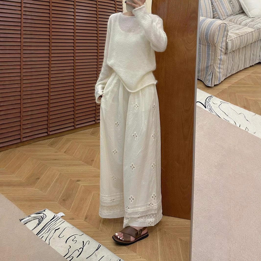 Simple daily sense hollow lace splicing loose fluttering casual sports wide-leg pants