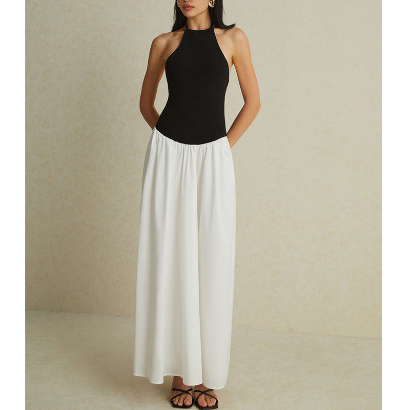 Slip pleated skirt, chiffon long skirt, spliced halterneck sexy dress