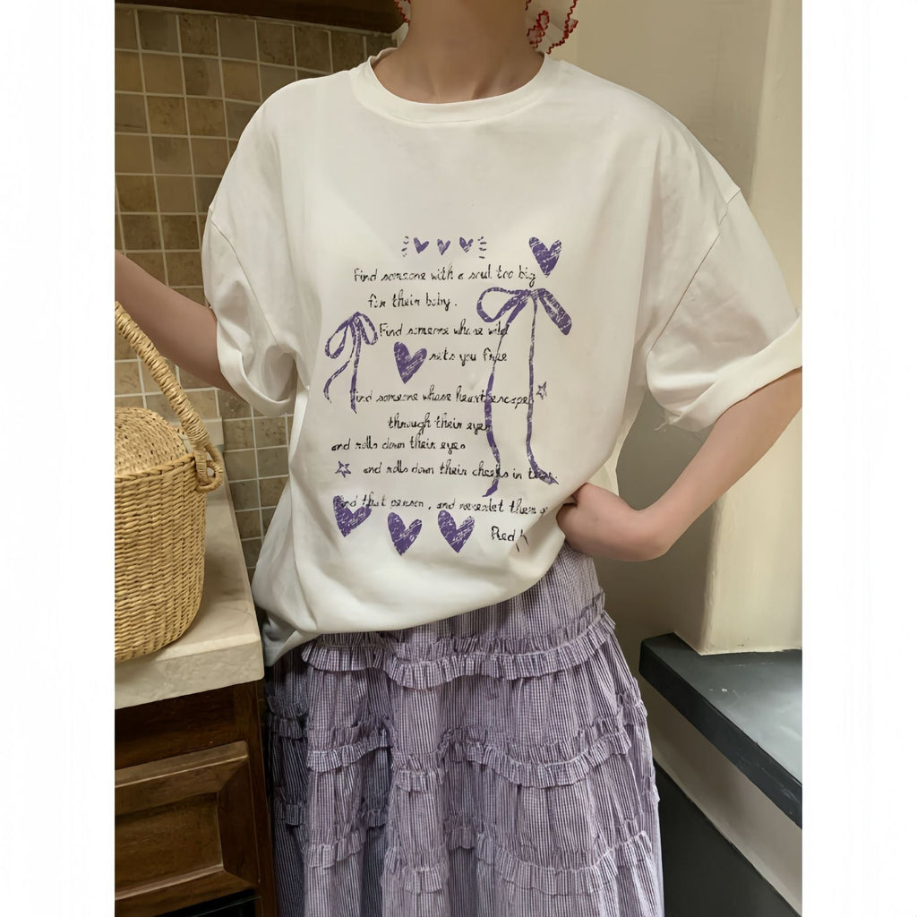 Fun Elk Print Crew Neck Loose Short Sleeve Cotton T-Shirt