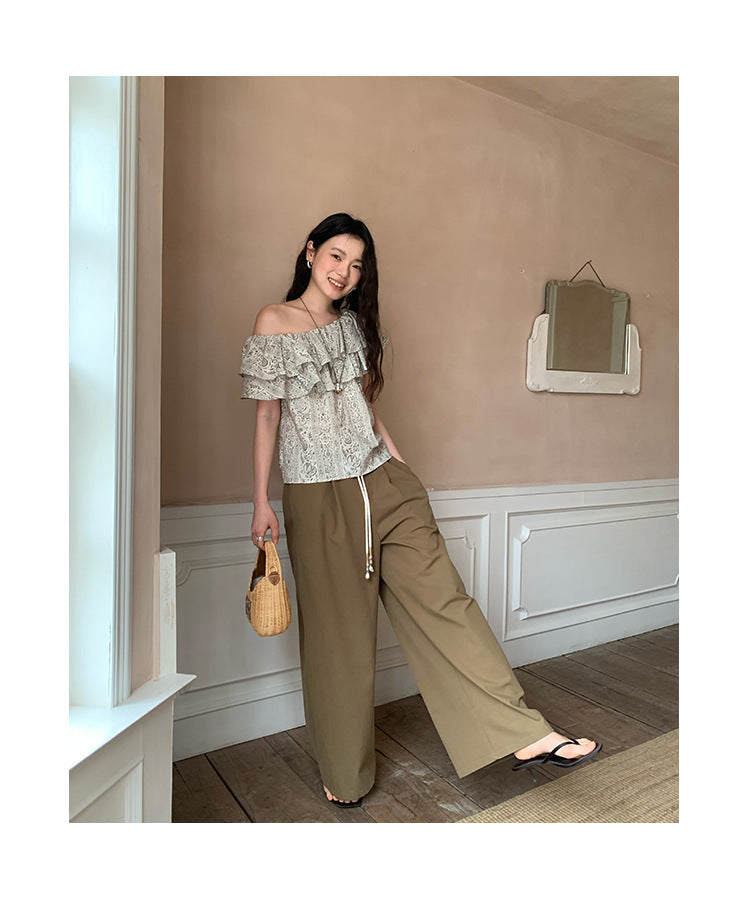 Summer Korean version loose lace-up elastic waist thin straight casual pants