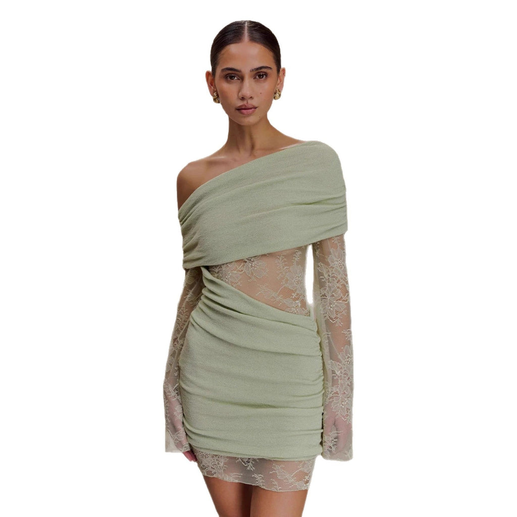 Hot girl sexy one-shoulder dress
