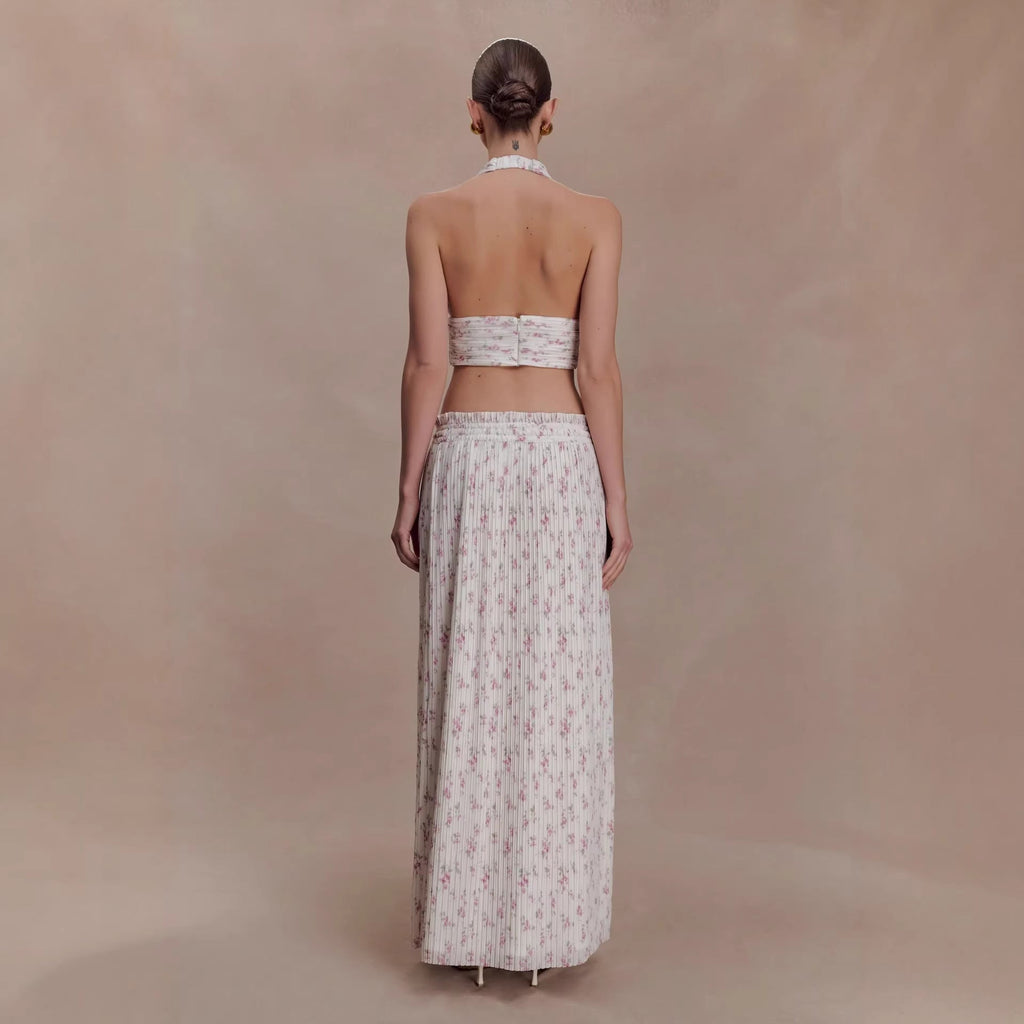 Sexy printed skirt set pleated deep V neck top skirt two-piece set