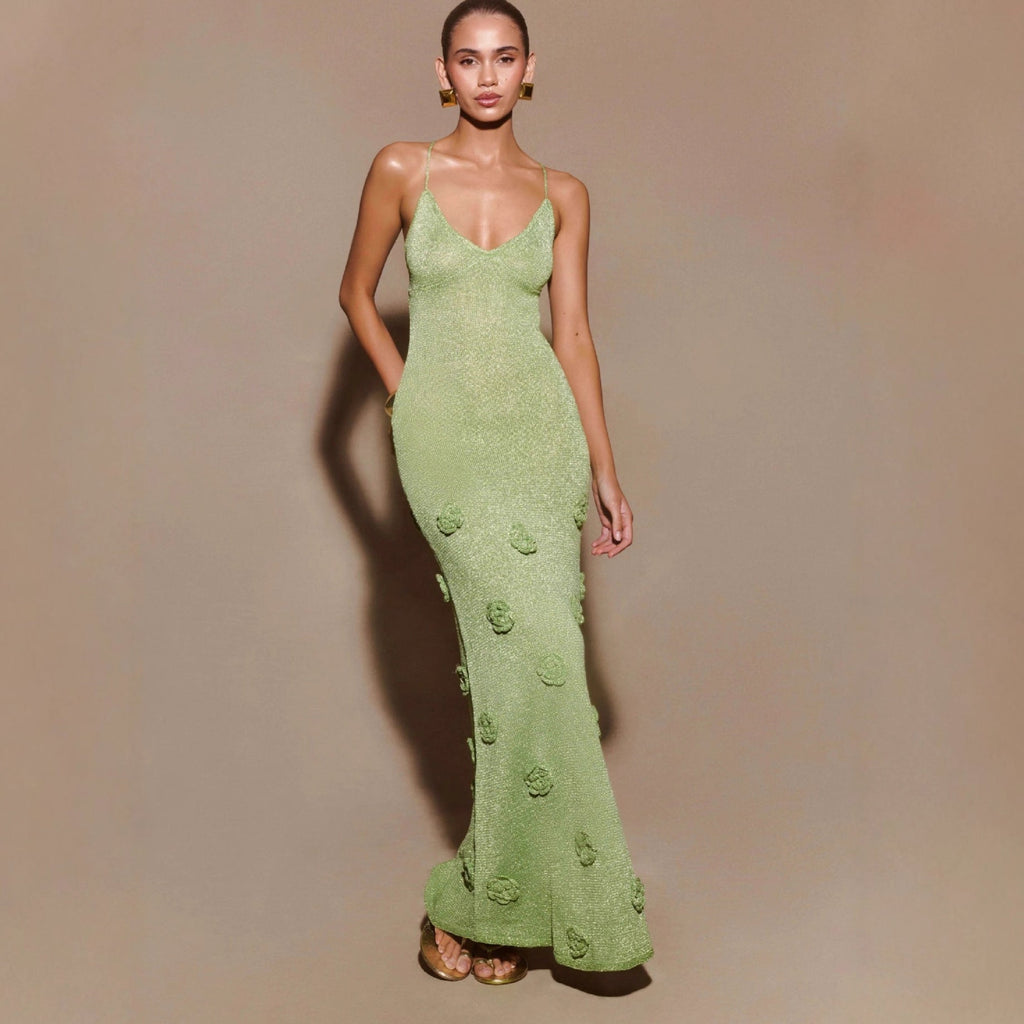 Fashion vacation style knitted hip skirt three-dimensional flower backless sexy dress