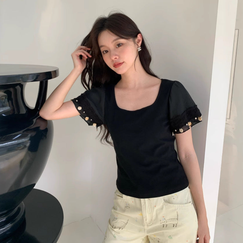 Versatile short-sleeved T-shirt slimming square neck lace trim top