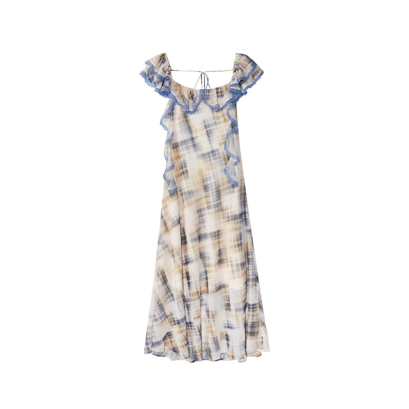 Holiday wind gentle backless ruffle edge streamer dress