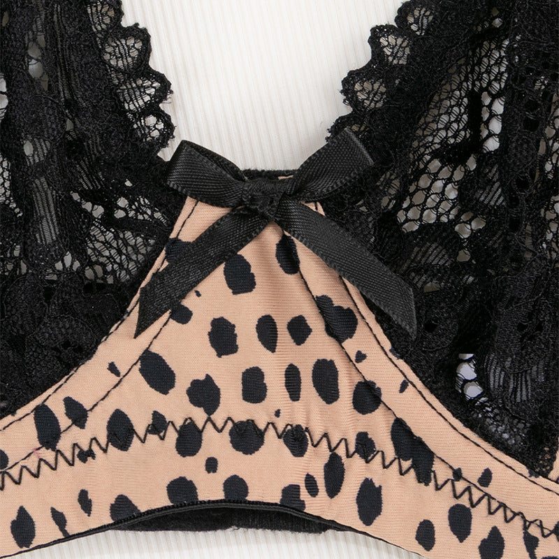 New sexy leopard print large size underwear women's ultra-thin lace printing gathering breathable bra set