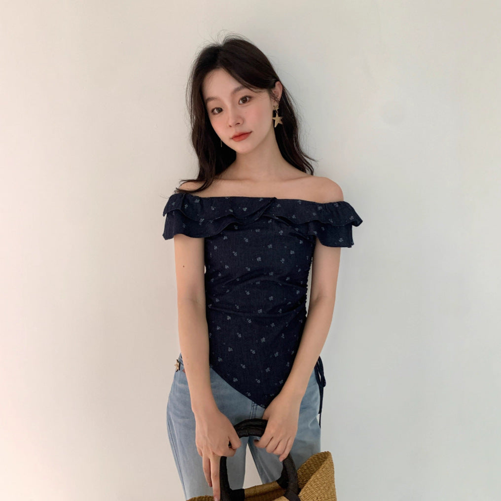 Spice girl shoulder sexy waist thin denim shirt