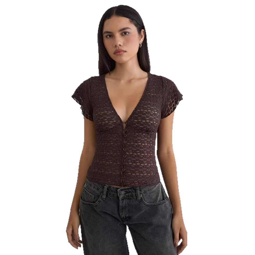 V-Neck Lace Cardigan Women Sleeveless Button-Front Slim Fit Top
