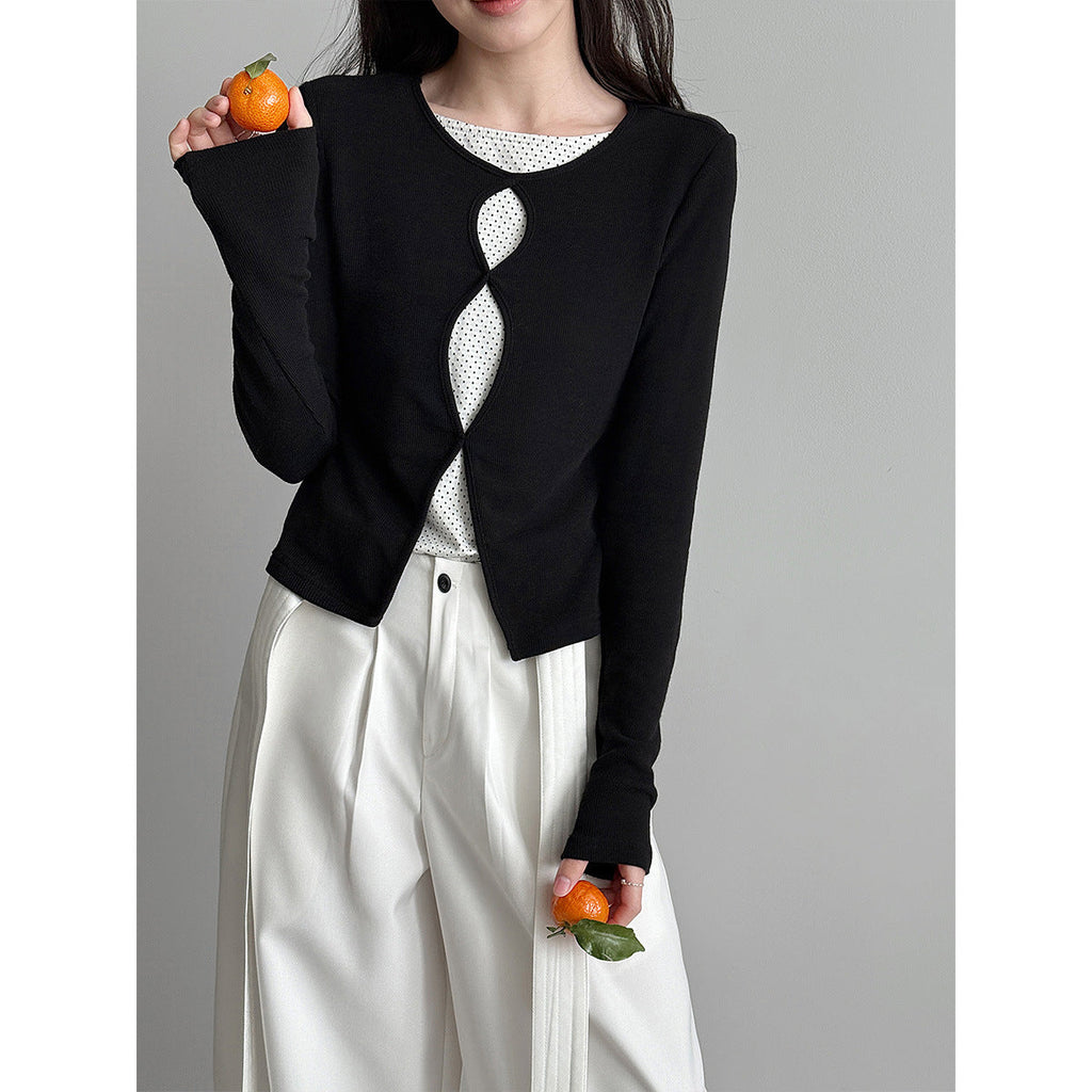 Contrasting fake two-piece splicing hollow polka dot long-sleeved T-shirt women's early spring new slim-fit knitted top