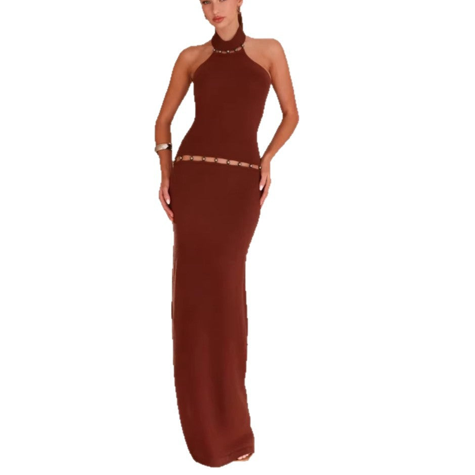 Sexy backless neck hip skirt slim fit Spice girl splicing knitted dress