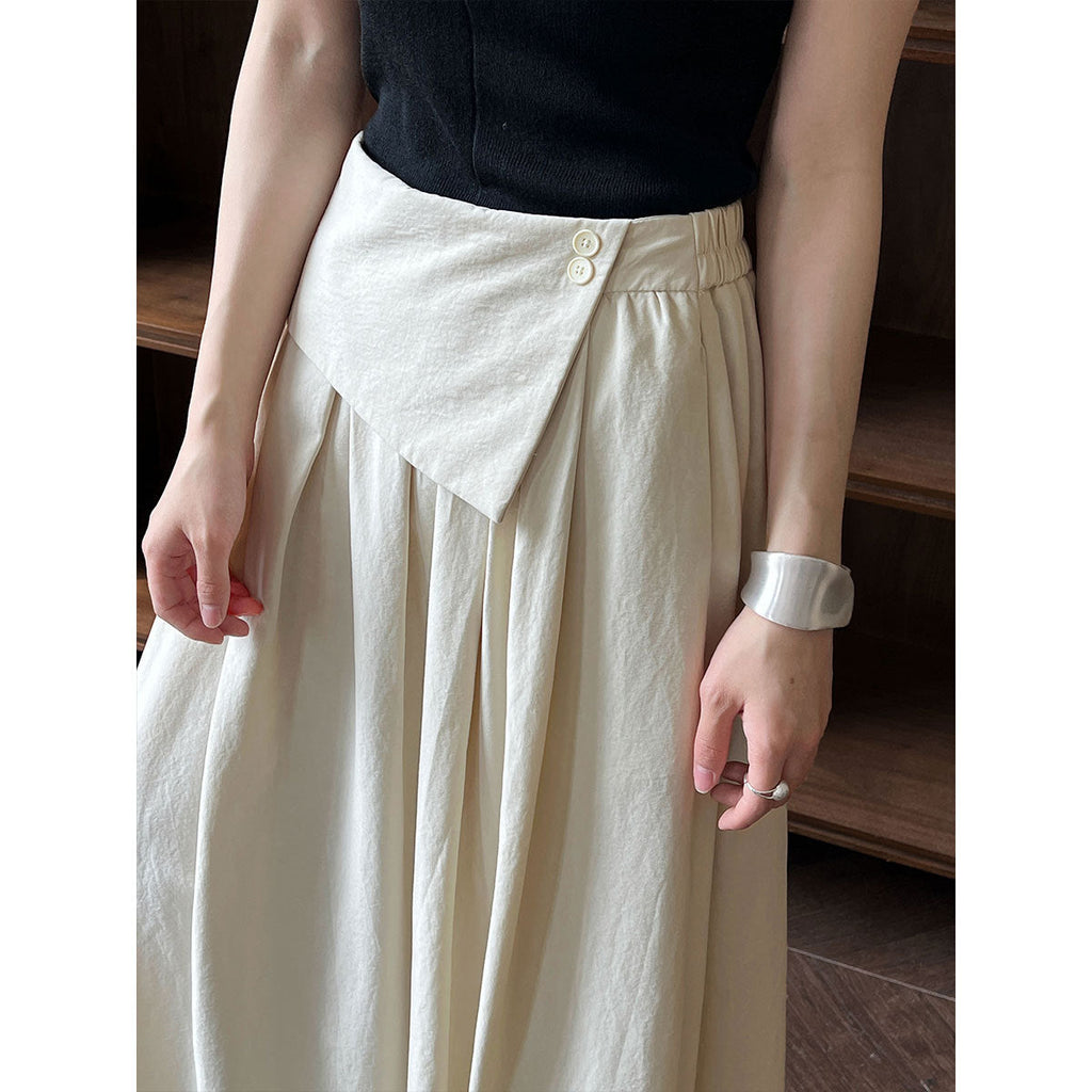 French design skirt autumn elastic waist irregular A-shaped skirt pleated long skirt