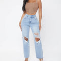 High-Waist Ripped Straight Leg Jeans