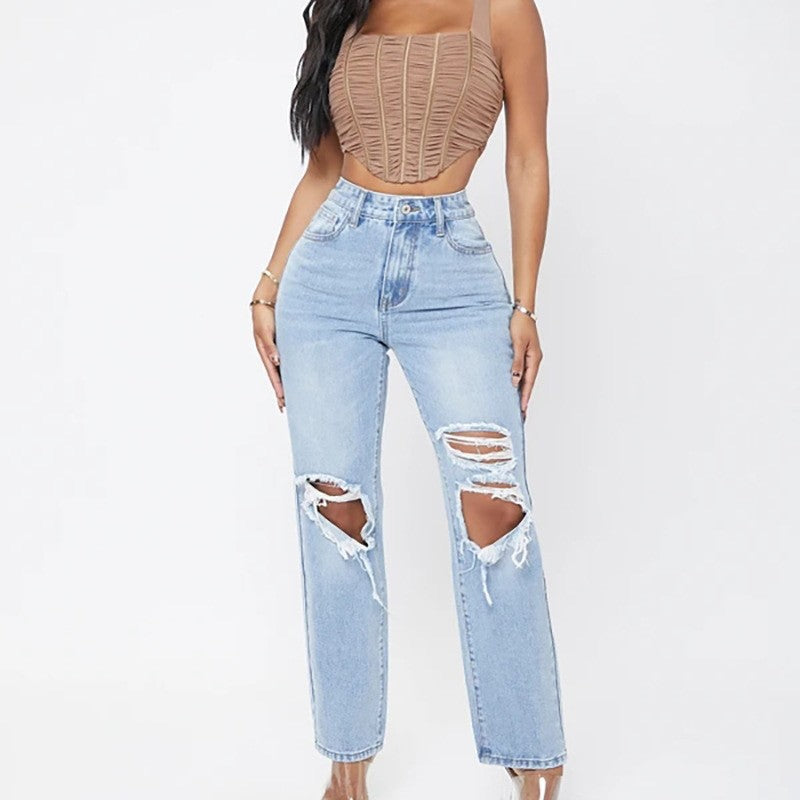 High-Waist Ripped Straight Leg Jeans
