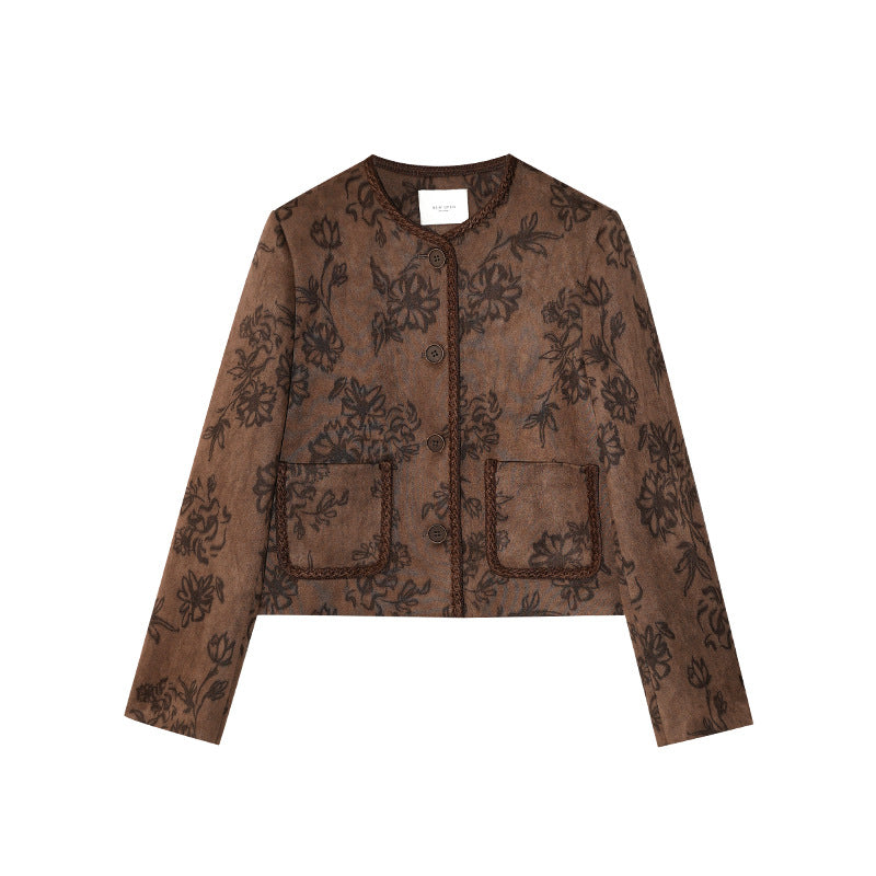Printed Patch Bag Crew Neck Short Jacket