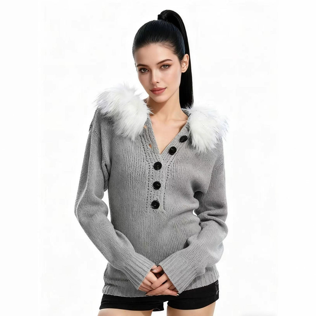 Spice Girl Removable Fur Collar Henry Collar Sweater Women's Autumn Skinny Waist Hooded Knitted Sweater Top