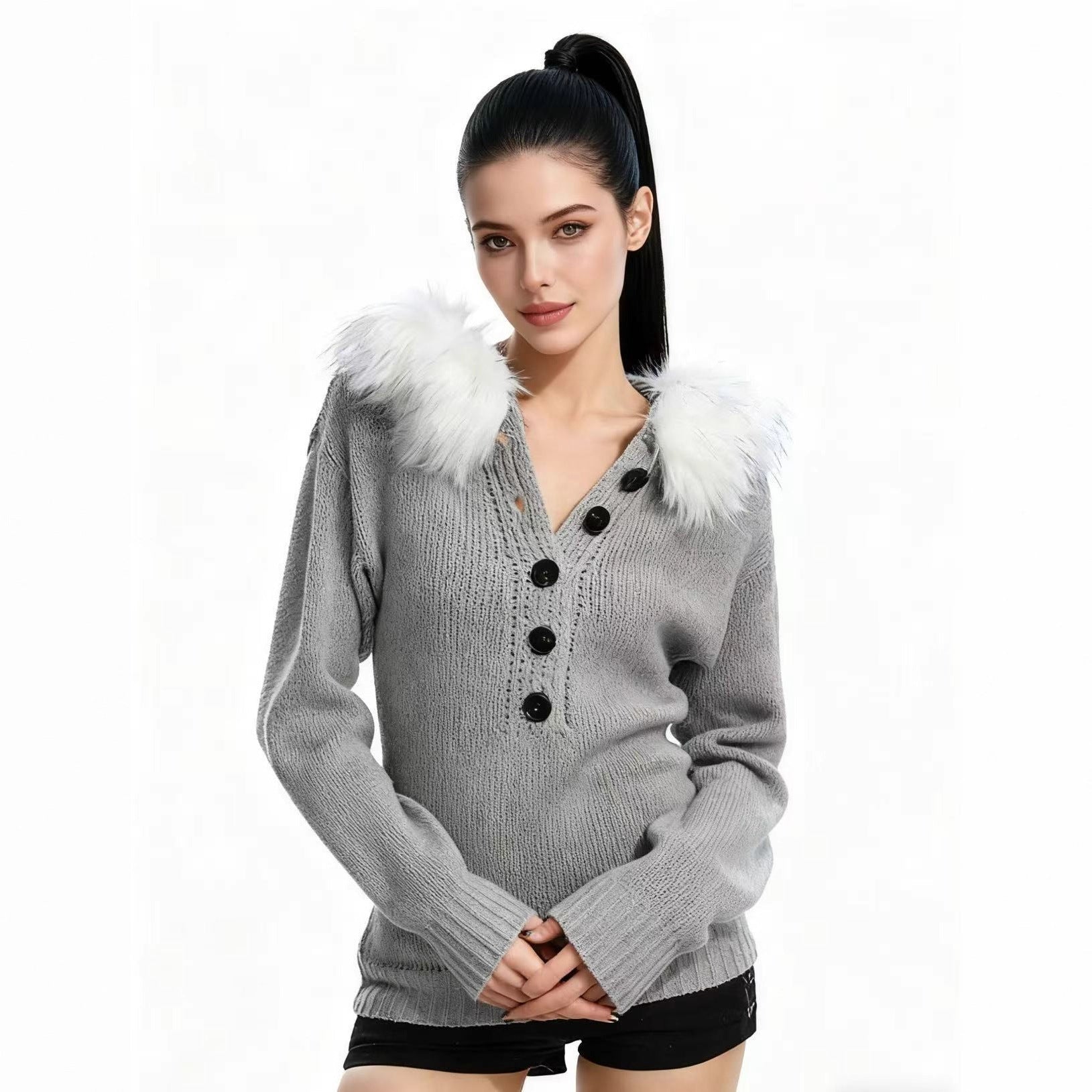 Spice Girl Removable Fur Collar Henry Collar Sweater Women's Autumn Skinny Waist Hooded Knitted Sweater Top