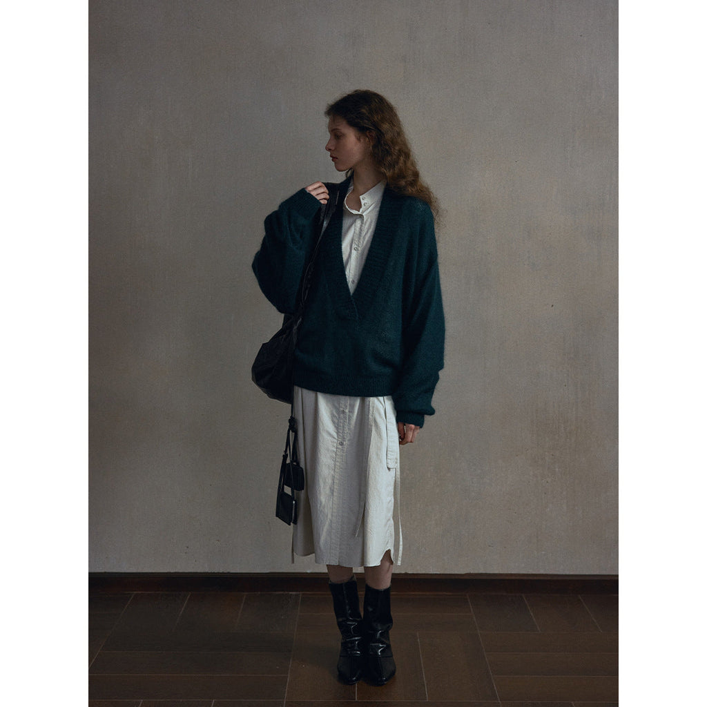 Cotton skin-friendly stand-up collar lace-up shirt dress, simple and loose coat-style long skirt