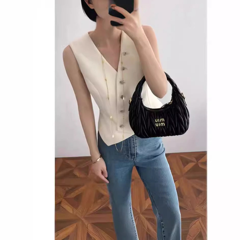 Spring and summer French retro fashionable versatile texture v-neck sleeveless old money style suit vest short top