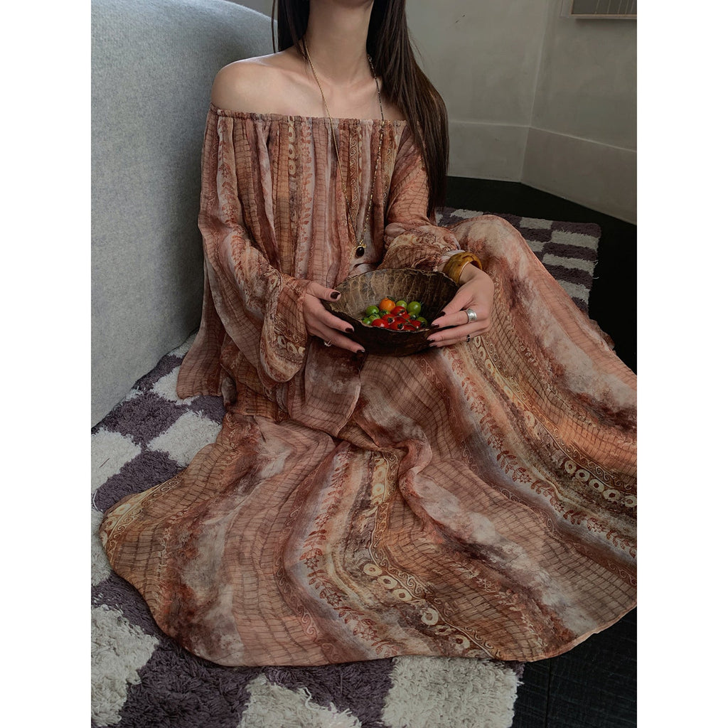 Spring retro vacation wind pendant elegant pleated silk print skirt