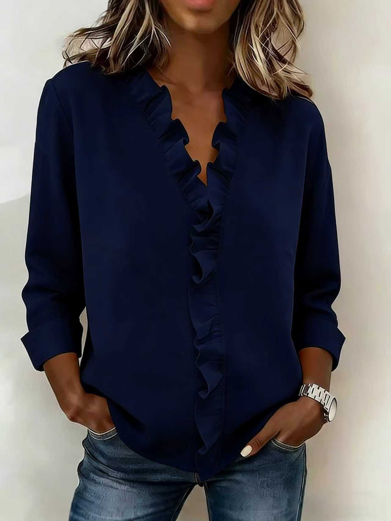 Spring women's fungus edge long-sleeved cotton shirt women's design sense spring new top shirt women's spring