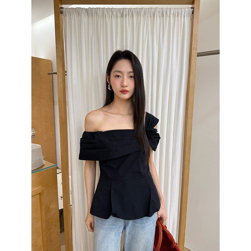 Sweet and Spicy Fashion Chic Temperament Waist Slant Shoulder Shirt
