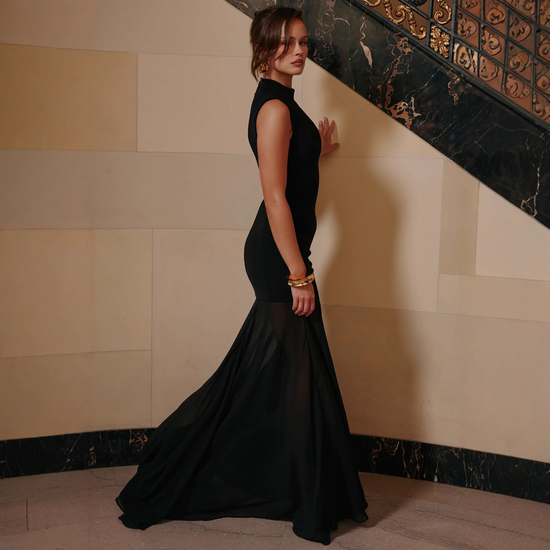 Fashion gauze splicing hip skirt hollow French sexy Spice Girl dress