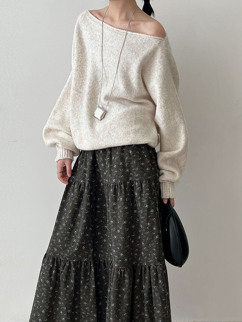 Retro floral splicing large skirt high waist skirt women's autumn new thin plush dress 1728