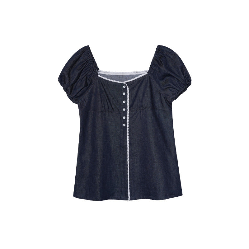 Retro Contrast Denim Square Neck Bubble Sleeve Shirt