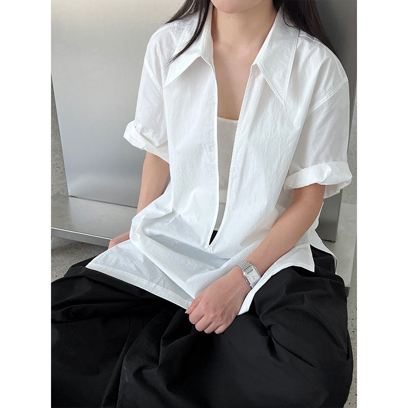French retro simple deep V-neck stacked short-sleeved shirt women's summer new commuter slim top 3595