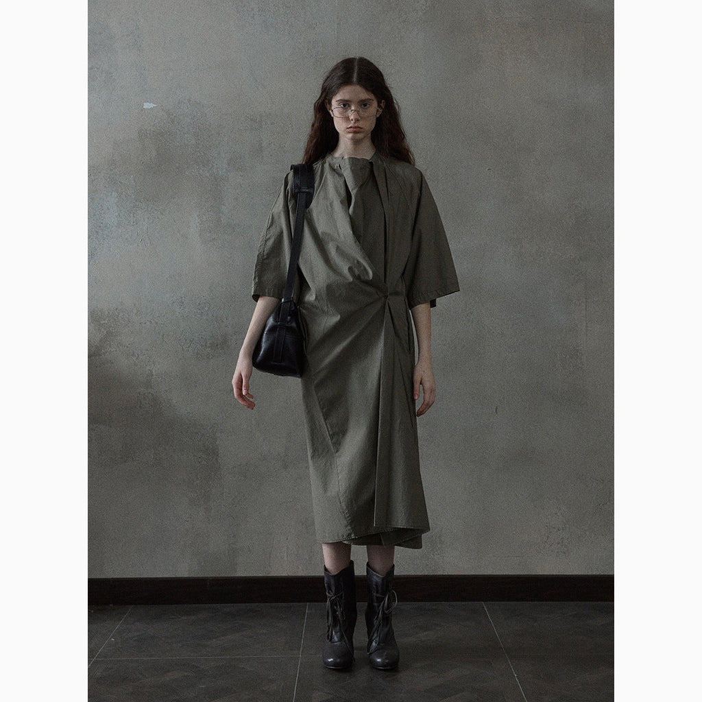 Contrasting color line irregular dress spring and summer new cotton swing collar short sleeve temperament commuting