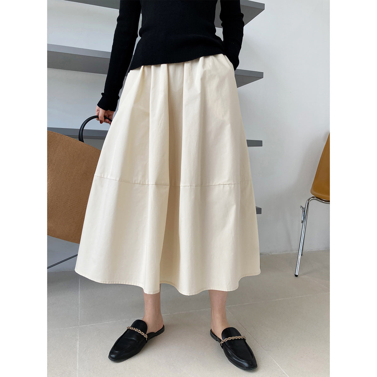 Autumn high waist thin fluffy a-shaped skirt skirt elastic waist medium and long swinging umbrella skirt