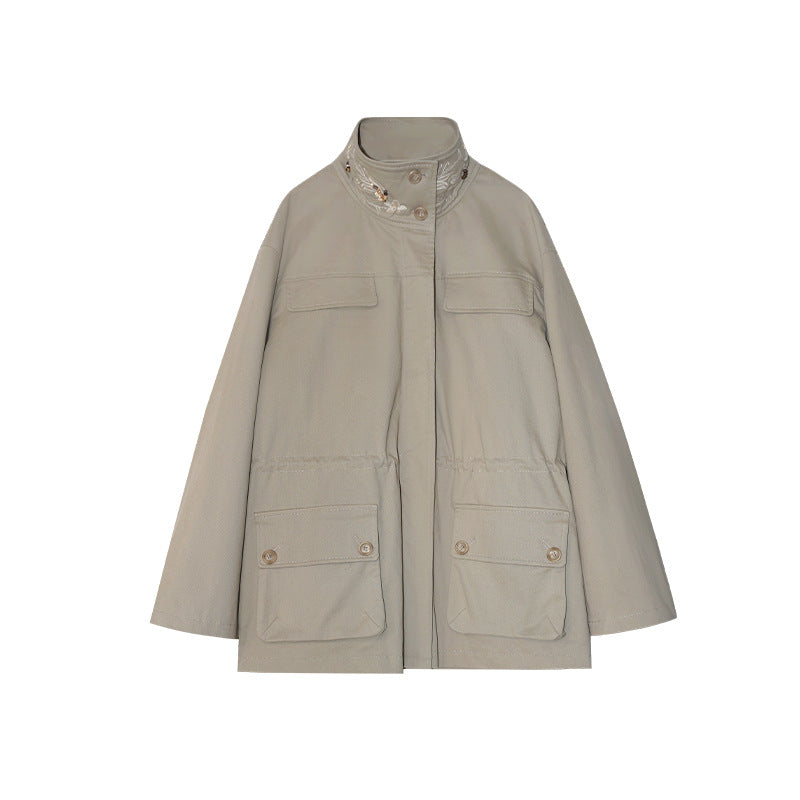 Retro Embroidered Stand-Up Collar Zipper Midi Jacket