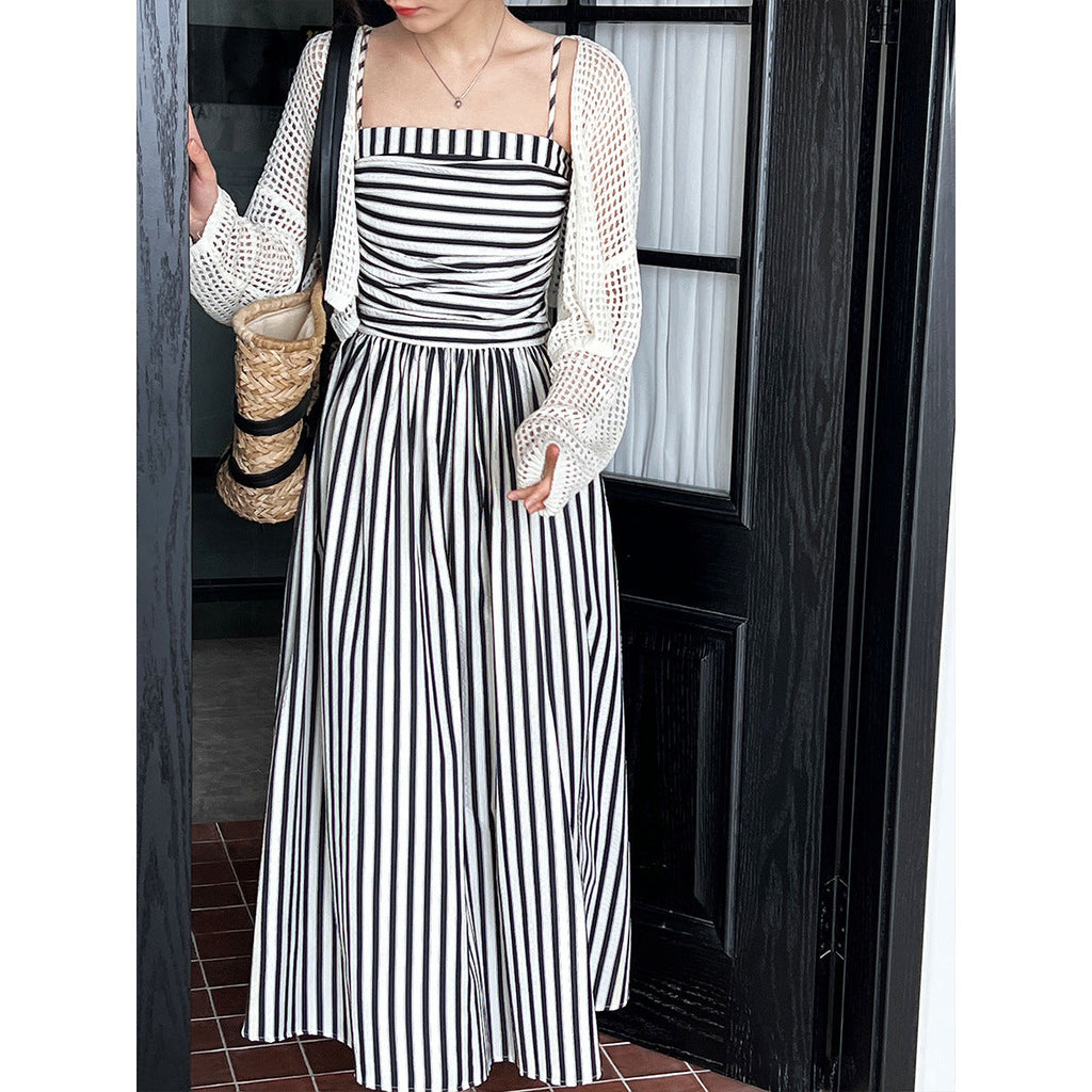 French striped tube top suspender dress for women's high-end off-the-shoulder pleated waist A-word long dress summer