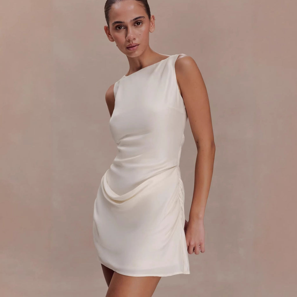 Sleeveless pleated strap short skirt new high-end design backless European and American dress