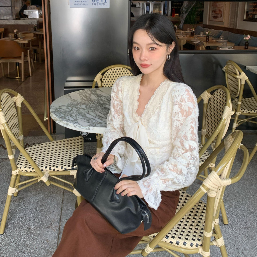 Gentle temperament V-neck lace-up bow hollow lace shirt