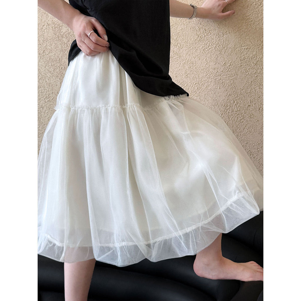 Tulle Mesh Skirt Women Korean Style A-Line Elastic Waist Mid-Length