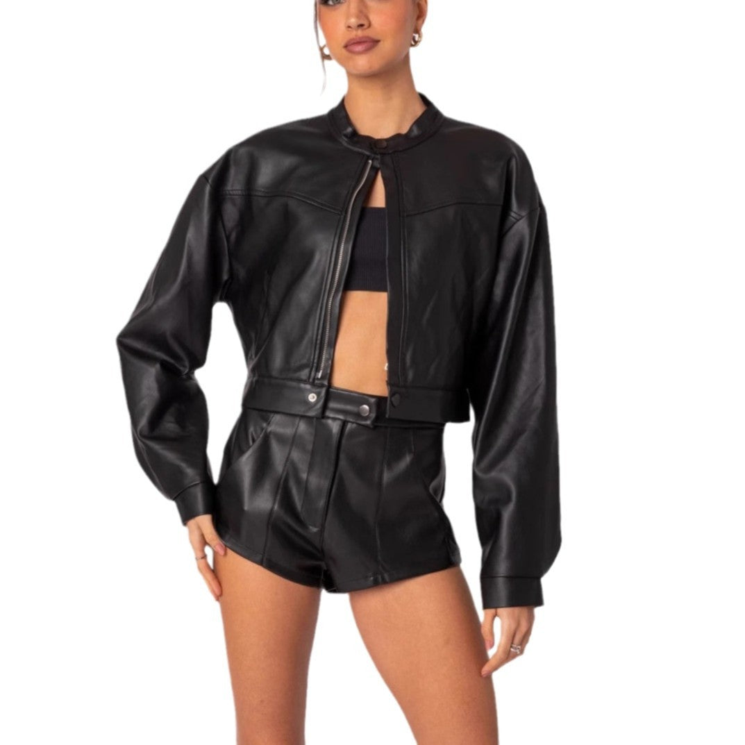 Women's fashion suit, locomotive jacket top, short leather jacket, women's shorts two-piece set